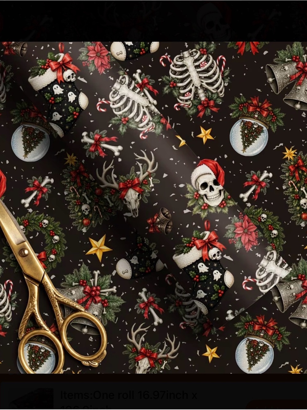 Skeleton Holiday Wrapping Paper Black